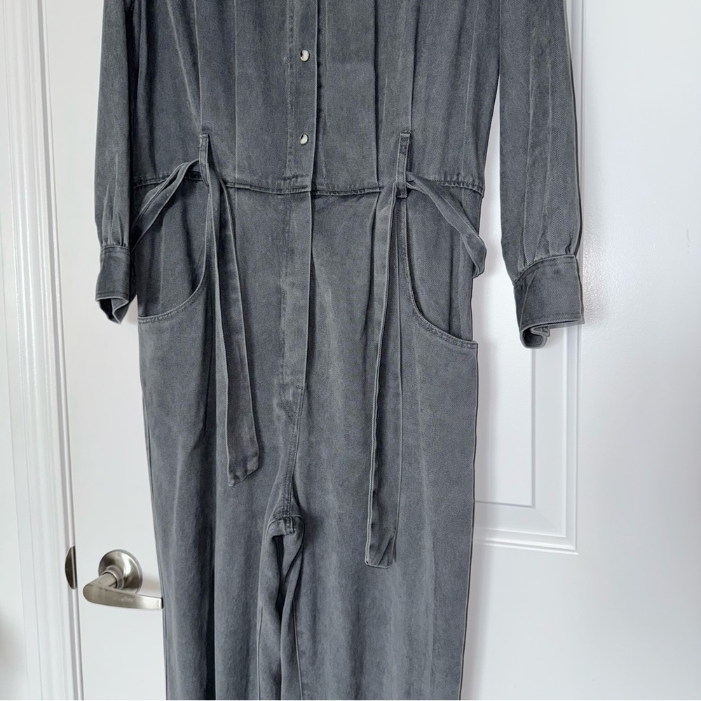 NWT Zara Grey Jumpsuit buttoned with waist tie and elastic hems, Small - Picture 11 of 14